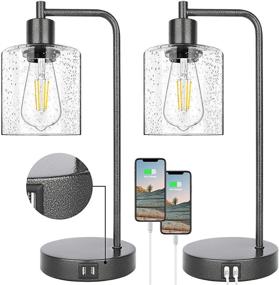 img 2 attached to 🏡 Pair of Farmhouse Rustic Table Lamps in Rocky Black for Bedroom Nightstand with 3-Way Dimmable Touch Control - Industrial Bedside Lamps featuring 2 USB Charging Ports & AC Outlet for Living Room Office - Bulbs Included