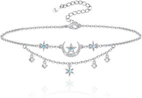 img 4 attached to 🌙 Jemplestic S925 Sterling Silver Anklets for Women - Cute Moon and Star Layered Adjustable CZ Anklet Bracelets - Summer Beach Foot Jewelry Gifts for Girls