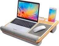 📚 huanuo lap desk - 17" laptop desk with built-in mouse pad & wrist pad, tablet & macbook stand, pen & phone holder - wood grain logo