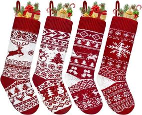 img 4 attached to 🧦 Set of 4 Knit Farmhouse Christmas Stockings – 18 Inch Large Size Cable Rustic Stocking with Snowflakes, Snowman, Santa, and Tree Decorations – Perfect for Family Holiday Xmas Party Decorations and Gifts
