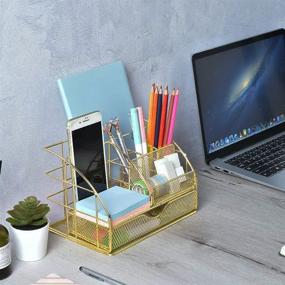 img 1 attached to 🗃️ Efficient Gold Desk Organizer with 5 Compartments and Mini Sliding Drawer - AUPSEN Mesh Office Supplies Desk Accessories