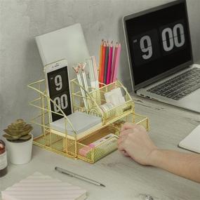 img 3 attached to 🗃️ Efficient Gold Desk Organizer with 5 Compartments and Mini Sliding Drawer - AUPSEN Mesh Office Supplies Desk Accessories