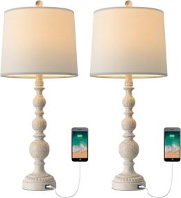 img 4 attached to 💡 OYEARS USB Table Lamp Set 2: Vintage Resin Décor for Living Room, Bedroom, and Bedside