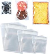 🛍️ pack of 400 clear cello bags in 3 sizes: 3×4", 4×6", 5×7" with self adhesive closure – perfect for packaging, gift wrapping, bakery, cookies, candies, cards, desserts, and party favors logo