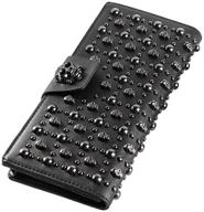 🖤 women's genuine leather card holder wallet - long black skull studded purses with shinywear logo