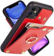 📱 lameeku iphone 11 wallet case with rfid protection - red, 6.1inch - carbon fiber card slot, finger ring holder, kickstand and protective cover logo