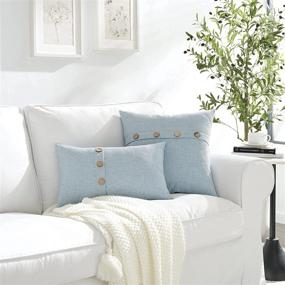 img 3 attached to 🛋️ Set of 2 Baby Blue Square Linen Pillow Covers 18 x 18 with Coconut Buttons - Farmhouse Décor for Sofa Couch, Living Room, Bedroom - Ideal Housewarming Gifts for Home