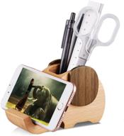 🐘 ahfulife wooden elephant cell phone holder with pen & pencil pot, desk decoration, multi-functional supplies stationery organizer – ideal birthday or graduation gift логотип