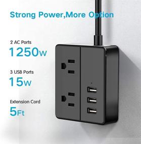 img 2 attached to Compact Desktop Power Strip with 2 Outlets and 3 USB Ports - Black | 5 ft Extension, 1250W/10A | Ideal for Home, Office, Dorm Rooms