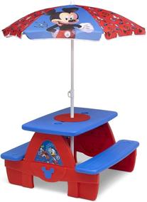 img 4 attached to 🏞️ Delta Children 4 Seat Activity Picnic Table with Umbrella and Lego Compatible Tabletop: Mickey Mouse Magic!
