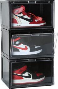 img 4 attached to Clear Plastic Stackable Shoe Boxes - 3 Pack Sneaker Storage in Black