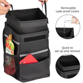 img 2 attached to 🗑️ Convenient and Leak-Proof Large Travel Car Trash Can with Lid, Detachable Tissue Holder, and 3 Pocket Car Accessories Trash Holder