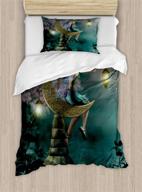 🧚 magical ambesonne fantasy duvet cover set - pixie lantern moon stone myth art, twin size - yellow teal lilac - includes pillow sham logo