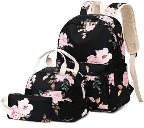 img 4 attached to 🎒 BLUBOON Canvas Teen Girls Backpack Set with 15-Inch Laptop Compartment, Lunch Tote Bag, Clutch Purse – Pink Rose Black