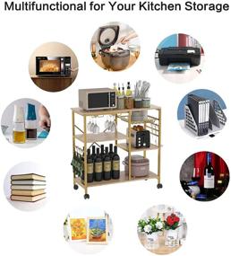 img 2 attached to 🥧 Gold Kitchen Baker’s Rack and Microwave Stand with Lockable Wheels: 4-Tier+3-Tier Shelves, Spice Rack Organizer, Workstation, and 6 Hooks Included