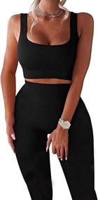 img 4 attached to Stylish and Comfortable Workout Sets for Women: 2 Piece High Waist Shorts and Seamless Ribbed Crop Tank Set