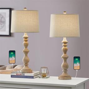 img 4 attached to 🌟 OYEARS USB 27.75'' Rustic Table Lamp Set of 2 - Vintage Resin Retro Lamps with USB Ports for Bedroom and Living Room Décor (White Wash 333)