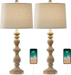 img 2 attached to 🌟 OYEARS USB 27.75'' Rustic Table Lamp Set of 2 - Vintage Resin Retro Lamps with USB Ports for Bedroom and Living Room Décor (White Wash 333)