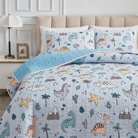 img 4 attached to 🦖 Joyreap Twin Dinosaur Quilt Set - Colorful Light Blue Design for Boys and Girls, Soft Microfiber Bedspread for All Seasons - Includes 1 Quilt and 1 Pillow Sham