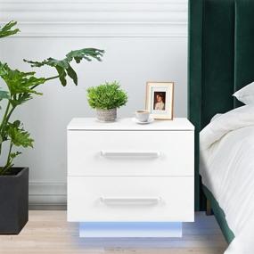 img 4 attached to 🛏️ Contemporary Bedside Table, Elegant Nightstand with LED Blue Light, Glossy Front Panel, 2 Drawers, 50kg / 110lb Load Capacity, Ideal for Living Room or Bedroom (US Plug,110V)