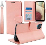 shockproof pu leather wallet case for samsung galaxy a12 phone (pink, 6.5-inch) - double-n, credit card holder, wrist strap, protective cover logo