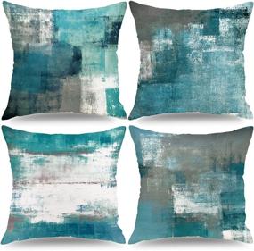 img 4 attached to Abstract Art Teal Throw Pillow Cover Set - 18x18, Set of 4 - Turquoise Cushion Cover for Living Room Sofa or Bedroom - Graffiti-inspired Decorative Pillow Covers