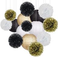 🎉 15pcs black gold party decorations - enhance birthday, graduation, masquerade, and new year's parties with black gold paper lanterns and pom poms flowers logo