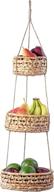 🍏 3 tier hanging fruit basket for kitchen - handmade natural wicker seagrass wall baskets, produce vegetable storage organizer to hang, modern boho home decor, counter space saver with plant holder логотип