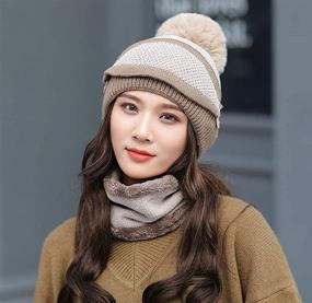 img 2 attached to Stay Warm and Stylish with our 3 in 1 Winter Knitted Beanie Hat Face Neck Warmer Set for Women Girls - Ski Caps with Fleece Lining and Adorable Pompom
