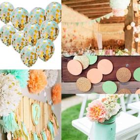 img 1 attached to 🎉 Mint Peach Gold Birthday Party Decorations for Women by Qian's Party - Glitter Gold Polka Dot Pom Pom, Mint Peach Gold Confetti Balloons, and Mint Strip Fabric Background