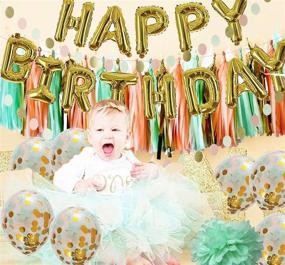 img 2 attached to 🎉 Mint Peach Gold Birthday Party Decorations for Women by Qian's Party - Glitter Gold Polka Dot Pom Pom, Mint Peach Gold Confetti Balloons, and Mint Strip Fabric Background