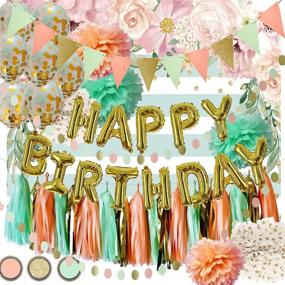 img 4 attached to 🎉 Mint Peach Gold Birthday Party Decorations for Women by Qian's Party - Glitter Gold Polka Dot Pom Pom, Mint Peach Gold Confetti Balloons, and Mint Strip Fabric Background