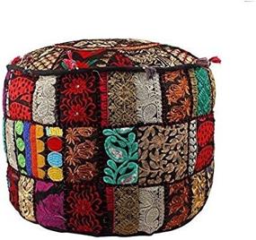 img 2 attached to 🧘 GANESHAM Indian Hippie Vintage Cotton Floor Pillow & Cushion: Patchwork Bean Bag Chair Cover with Boho Bohemian Hand Embroidery, Handmade Pouf Ottoman (Black, 13" H x 22" Diam.)