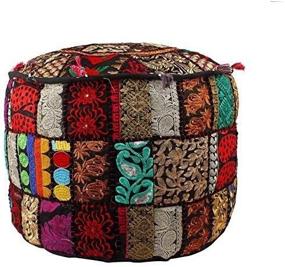 img 4 attached to 🧘 GANESHAM Indian Hippie Vintage Cotton Floor Pillow & Cushion: Patchwork Bean Bag Chair Cover with Boho Bohemian Hand Embroidery, Handmade Pouf Ottoman (Black, 13" H x 22" Diam.)