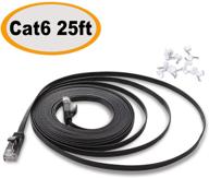 25фт плоский кабель ethernet cat 6 - прочный патч-корд lan, высокоскоростной провод cat6 rj45 для роутера, модема, ps xbox, игр, switch, телевизора, видео - быстрее, чем cat5e/cat5 - черный логотип