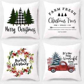 img 4 attached to 🎄 Merry Christmas Pillow Covers 18 x 18 - PSDWETS - Festive Trees and Truck White Farmhouse Throw Pillow Covers - Set of 4, ideal for Christmas Decorations