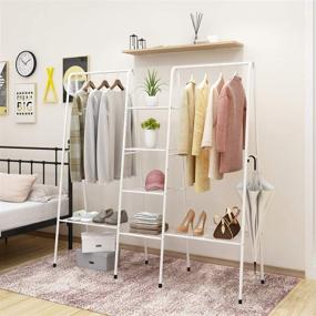 img 3 attached to 👚 Metal Garment Rack- Free Standing Storage Organizer with 6 Shelves & Hanging Bar, Heavy Duty Bedroom Closet Rack (White)