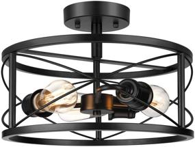 img 2 attached to 🏢 Modern Farmhouse Industrial 3-Light Semi Flush Mount Ceiling Light Fixture with Metal Cage, Vintage Black Retro Pendant Lamp for Hallway Kitchen Bedroom Living Room Bathroom Entryway