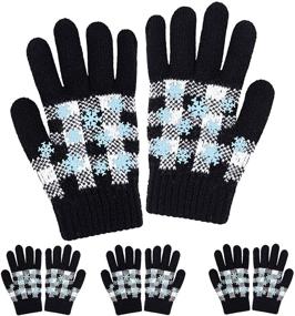 img 4 attached to 🧤 Cooraby Winter Kids Gloves - 4 Pairs of Stretchy Knitted Gloves, Warm Snowflake and Plaid Patterns for Boys and Girls