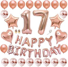 img 4 attached to Shuxy Rose Gold 17th Birthday Balloon Kit - Happy Birthday Banner, Number 17 Aluminum Foil Balloon, Confetti Latex Balloon, Star & Heart Foil Balloon - for Girls & Women - Party Supplies Decoration