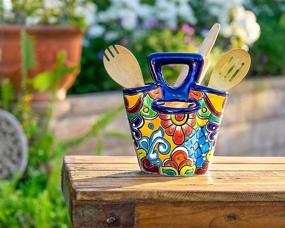 img 3 attached to 🔵 Colorful Ceramic Utensil Holder Canister Crock - Hand Painted Talavera Design for Kitchen Cooking Spoons (Cobalt Blue Multi)