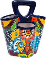 🔵 colorful ceramic utensil holder canister crock - hand painted talavera design for kitchen cooking spoons (cobalt blue multi) логотип