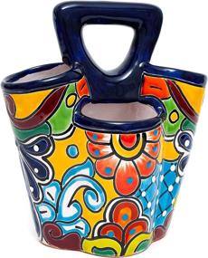 img 4 attached to 🔵 Colorful Ceramic Utensil Holder Canister Crock - Hand Painted Talavera Design for Kitchen Cooking Spoons (Cobalt Blue Multi)