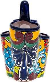 img 2 attached to 🔵 Colorful Ceramic Utensil Holder Canister Crock - Hand Painted Talavera Design for Kitchen Cooking Spoons (Cobalt Blue Multi)