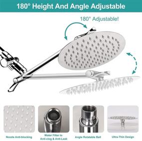 img 2 attached to Premium 8'' Round Shower Head Combo: High Pressure, Rainfall Design, 11'' Extension Arm, 9 Settings Handheld Spray, Long Hose, 4 Hooks