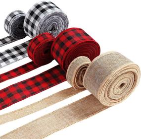 img 4 attached to 🎅 Christmas Wired Edge Ribbons: 6 Rolls, 45 Yards - Plaid & Buffalo Patterns - DIY Wrapping & Crafts (Red/Black, Black/White, Yellow Linen)