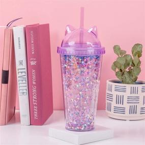 img 3 attached to 🐱 Purple Glitter Cat Ear Tumbler Cup Water Bottles with Straw - Double Walled Coffee Drinking Tumblers - 420 ml Kids & Adult Reusable Water Bottle