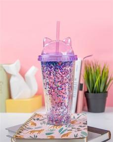 img 2 attached to 🐱 Purple Glitter Cat Ear Tumbler Cup Water Bottles with Straw - Double Walled Coffee Drinking Tumblers - 420 ml Kids & Adult Reusable Water Bottle