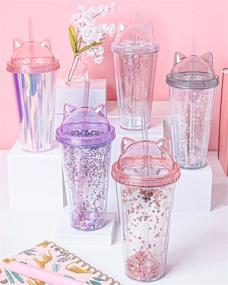 img 1 attached to 🐱 Purple Glitter Cat Ear Tumbler Cup Water Bottles with Straw - Double Walled Coffee Drinking Tumblers - 420 ml Kids & Adult Reusable Water Bottle