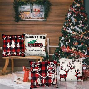 img 2 attached to 🎄 Acerich Christmas Throw Pillow Covers, 18x18 Inch Red Buffalo Plaid Pillow Cases, Festive Reindeer Snowman Xmas Pillow Covers for Home Decorations